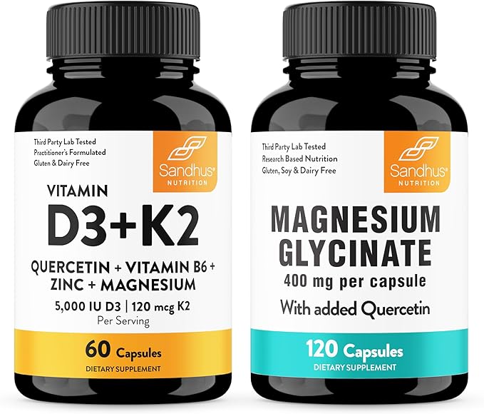 Sandhu's Vitamin D3 K2 Bundle with Magnesium Glycinate with Quercetin Capsules | Supports Quality Sleep Relaxation Immune Muscle Teeth Health &amp Energy