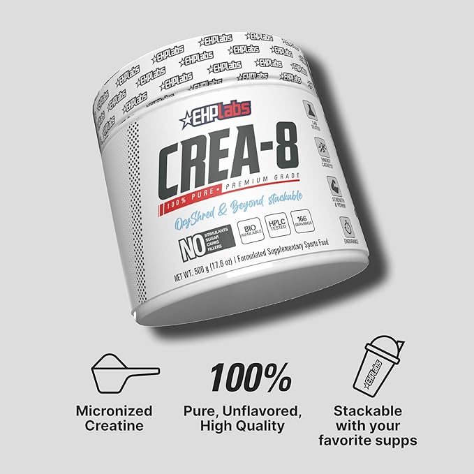EHP Labs CREA-8 Micronized Creatine Monohydrate Powder - Unflavored Creatine Powder for Muscle Growth Increased Strength Enhanced Energy Output and Improved Performance - 100 Servings (500g)
