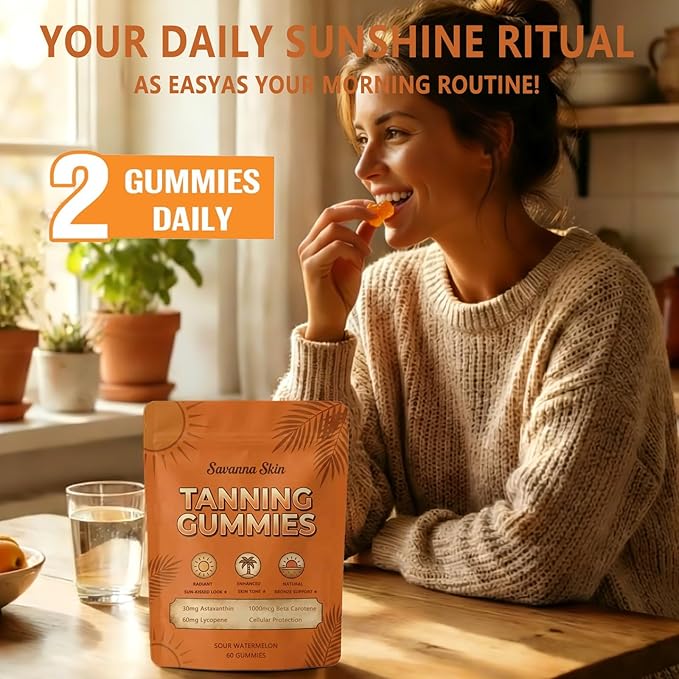 Savanna Skin Tanning Gummies– Premium Astaxanthin &amp Lycopene Formula – Hydration for Natural Looking Glow Bronzing– Watermelon Flavored Vegan Sugar Free – 60 Count