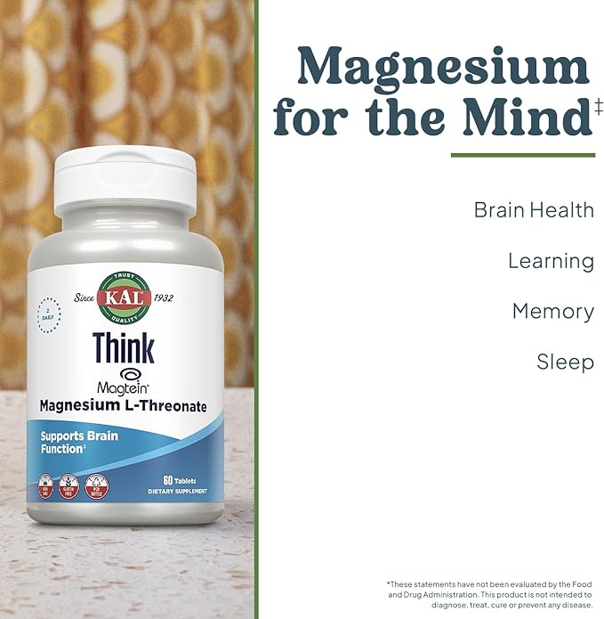 KAL Think Magnesium L-Threonate 2000 mg | Learning Brain Health &amp Memory Function Support w/Magtein | Vegan No Gluten &amp Non-GMO | 60 Tablets