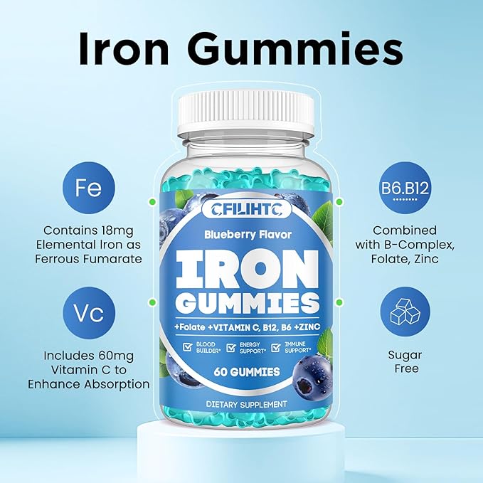 2 Pack Iron Gummies for Adults &amp Kids Iron Supplement Strawberry Blueberry Flavor