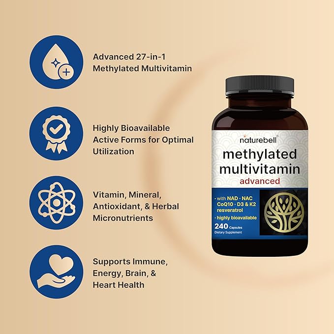 Methylated Multivitamin for Men and Women 240 Capsules | 27-in-1 Formula with Vitamins B Complex C D3 K2 NAD NAC CoQ10 Resveratrol Magnesium Zinc &amp More | Daily Essential Vitamins
