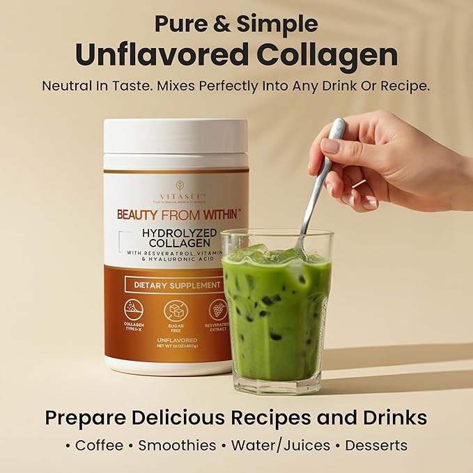 VITASEI Hydrolyzed Collagen Peptides Powder with Resveratrol &amp Vitamin C – Hair Skin &amp Joint Support with Hyaluronic Acid – Colágeno Hidrolizado for Women &amp Men – Unflavored 16 oz (30 Se