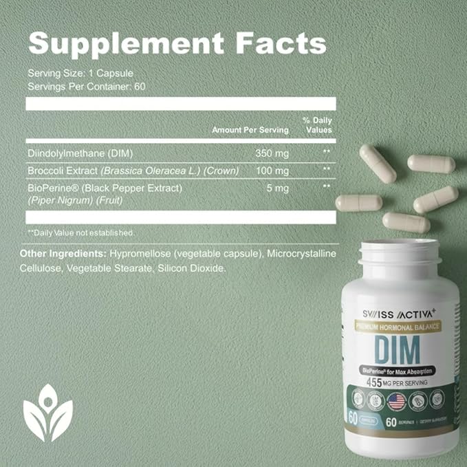 Swiss Activa+ Labs DIM Supplement – Hormone Balance for Women &amp Men – Estrogen Supplement for Women and Men– Supports Hormonal Acne &amp Menopause Symptoms| Gluten Free Non-GMO &amp Vegan – 180