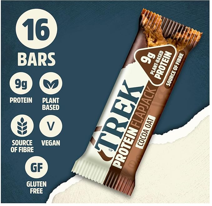 Trek High Protein Flapjack Cocoa Oat 50g (Pack of 16 Bars)- Gluten Free - Vegan Snack
