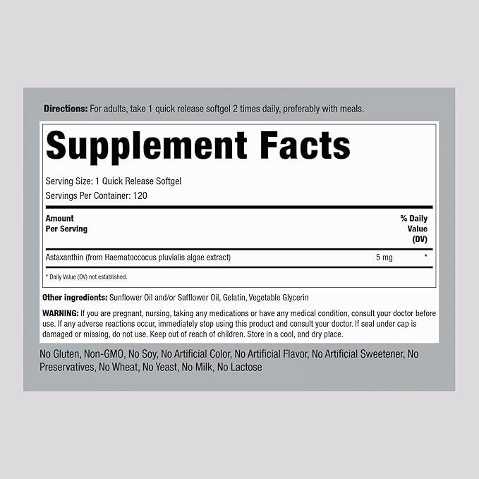 Piping Rock Astaxanthin Supplement 5mg | 120 Softgel Capsules | from Haematococcus Pluvialis Algae Extract | Non-GMO Gluten Free