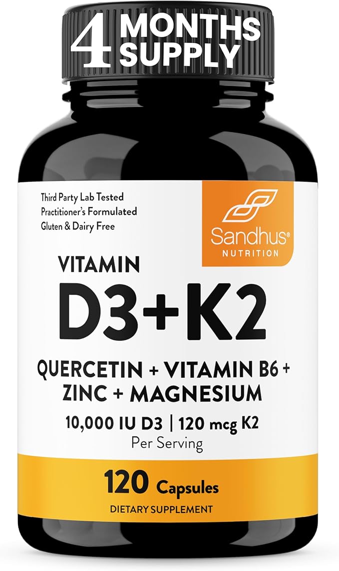 Sandhu's Vitamin D3 K2 Magnesium 10000 IU 120mcg K2 Capsules 120 Count (Pack of 1) | with VIT B6 Zinc &amp Quercetin | D3K2 Supports Superior Absorption Energy Immune Muscle Health for Men &amp