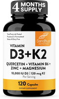 Sandhu's Vitamin D3 K2 Magnesium 10000 IU 120mcg K2 Capsules 120 Count (Pack of 1) | with VIT B6 Zinc &amp Quercetin | D3K2 Supports Superior Absorption Energy Immune Muscle Health for Men &amp