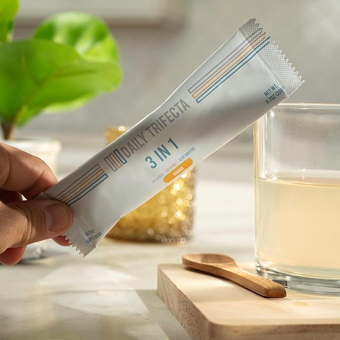 DAILY TRIFECTA 3-in-1 Collagen Creatine &amp Electrolyte Stick Packs | Type I Collagen Creatine Monohydrate Zero Sugar | 30 Natural Single-Serve Packets | Strength Hydration &amp Recovery (Mango