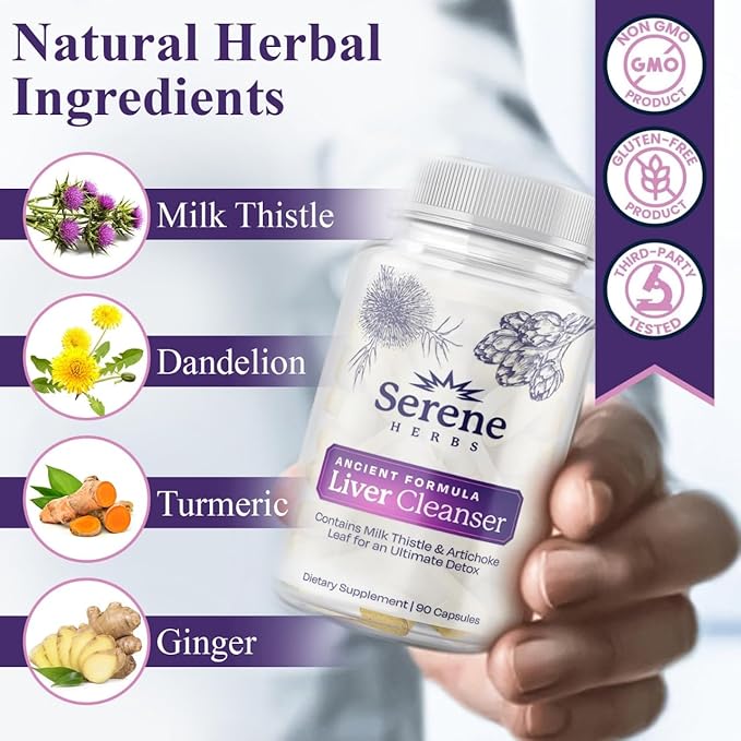 Serene Herbs Liver Cleanse Detox &amp Repair Formula – Pure Health Liver Support with Milk Thistle Artichoke &amp Dandelion Root for Fatty Liver &amp Liver Health Herbal Detox Supplement Capsules