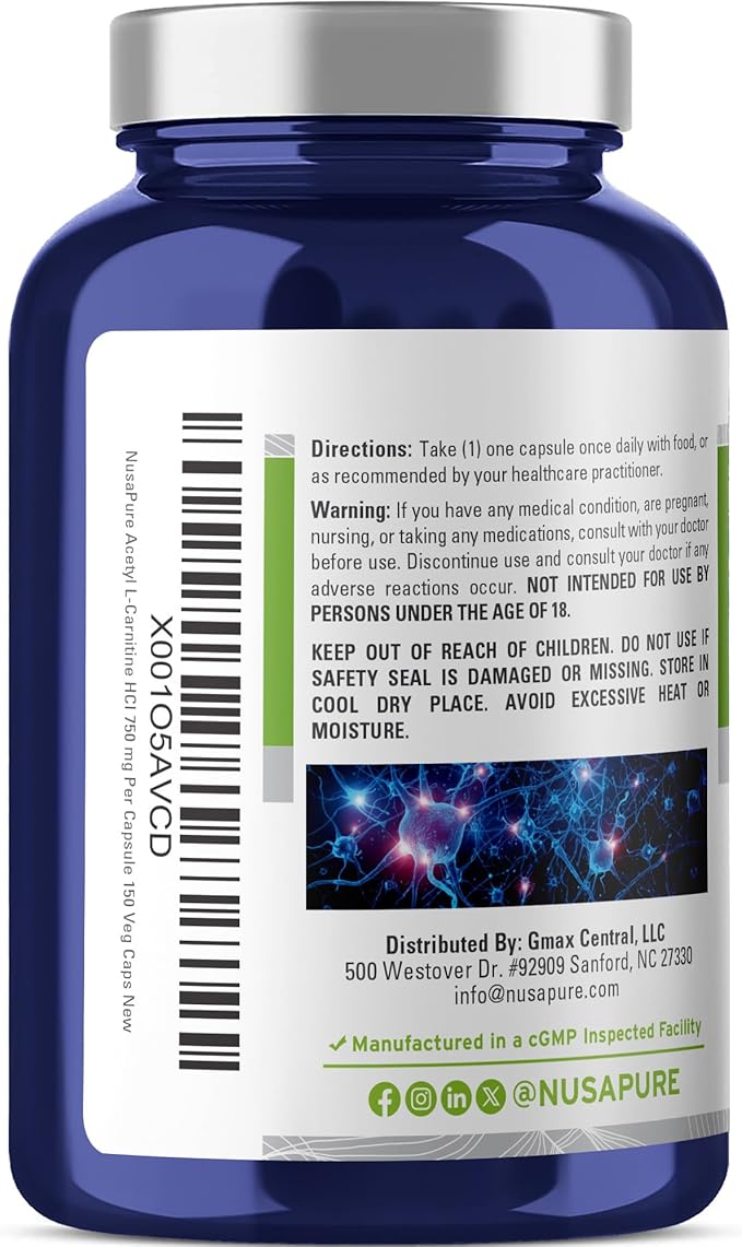 NusaPure Acetyl L-Carnitine 750mg per Caps 150 Veggie Capsules (Non-GMO Vegan) High Potency Acetyl L Carnitine HCL (ALCAR)