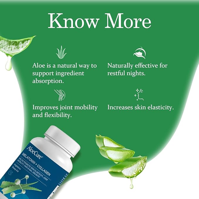 AloeCure Natural Melatonin + Collagen Natural Sleep Aid Supplement for Restful Nights - Collagen Complex for Joint Strength Skin Elasticity Hair &amp Nail Growth 30 Capsules x 6 Bottles