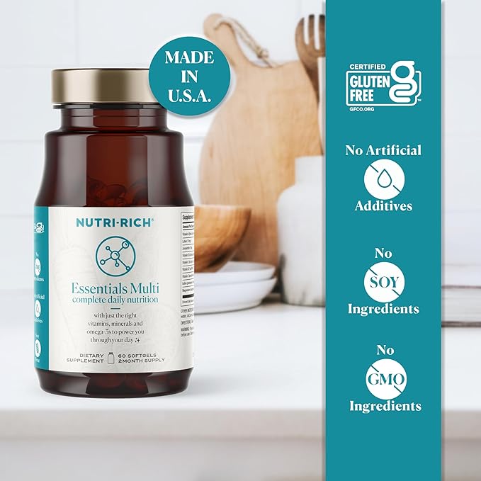 Nutri-Rich Essentials Multi | Multivitamin Supplement for Adult with Fish Oil Omega-3 Supports Energy Immune Health Vitamin A C D3 E K2 and Zinc Non-GMO Gluten Free (60 Count)