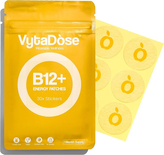 Topical B12 Energy Patches for Mood Energy &amp Cognition | Natural Caffeine Patches | Skin-Friendly Water-Resistant | 30 Count