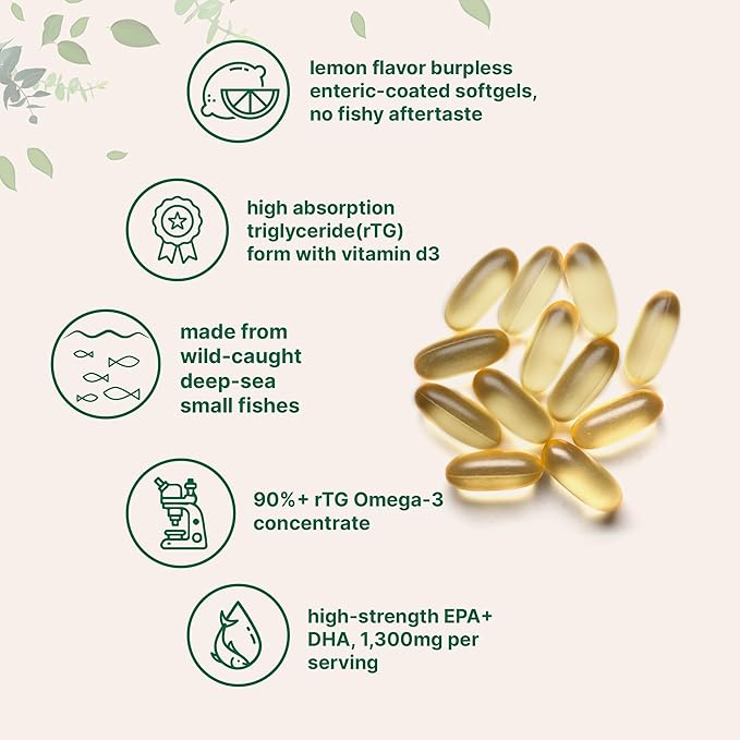 Micro Ingredients Supreme Omega-3 Fish Oil w/Ultra High EPA &amp DHA Burpless Softgels | rTG Omega-3 with Vitamin D3 | Wild-Caught Cold Deep-Sea Water | Lemon Flavor Easy to Swallow 60ct