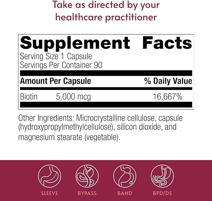 Bariatric Advantage Biotin 5000 mcg - for Bariatric Surgery Patients - Easy-Digest Mini Capsules - Biotin Supplement - Hair Skin &amp Nails Support* - 90 Count