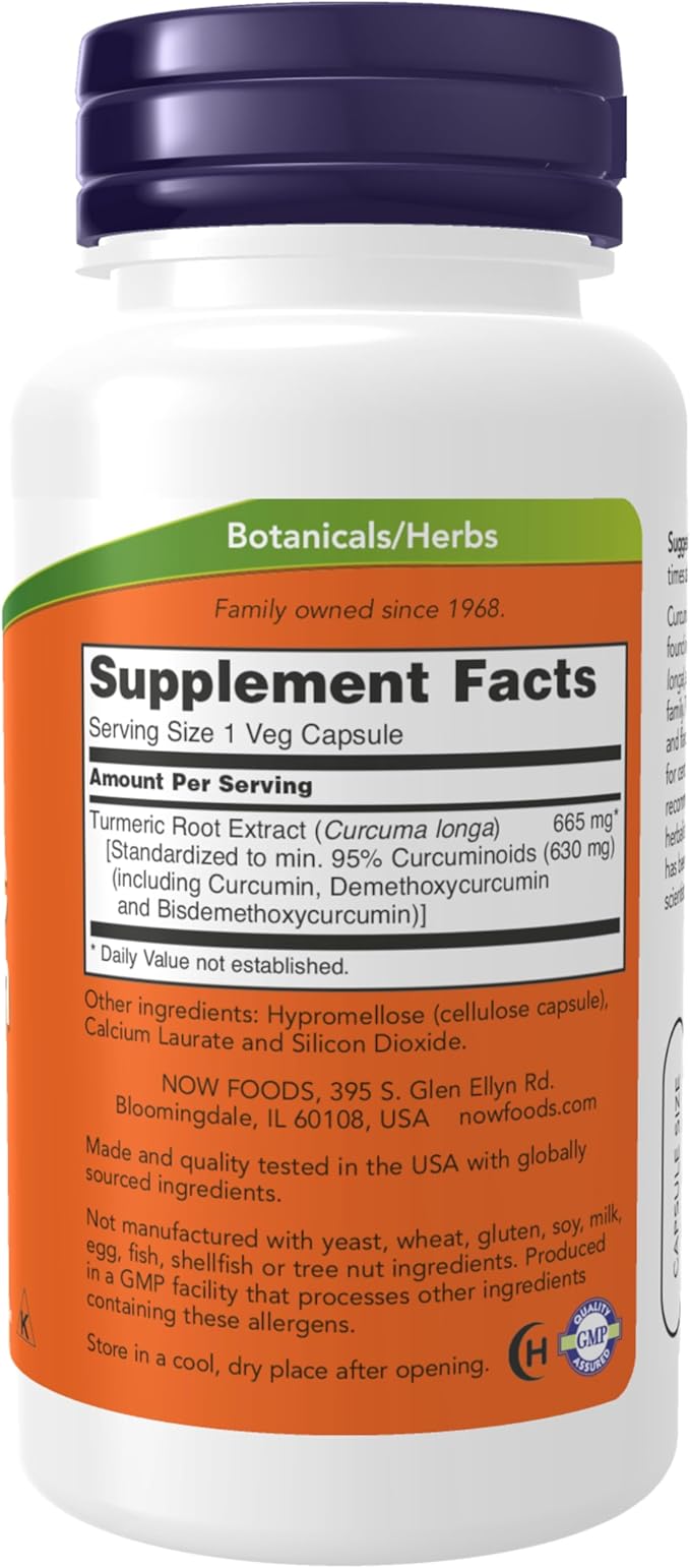 NOW Foods Supplements Turmeric Curcumin Derived from Turmeric Root Extract 95% Curcuminoids Herbal Supplement 60 Veg Capsules
