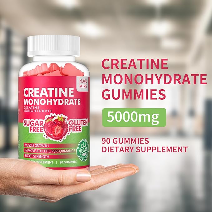 Novomins Creatine Monohydrate Gummies 5000mg for Men &amp Women Chewables Creatine Monohydrate for Muscle Strength Muscle Builder Energy Boost Pre-Workout Supplement(90 Count)-Strawberry Flavor