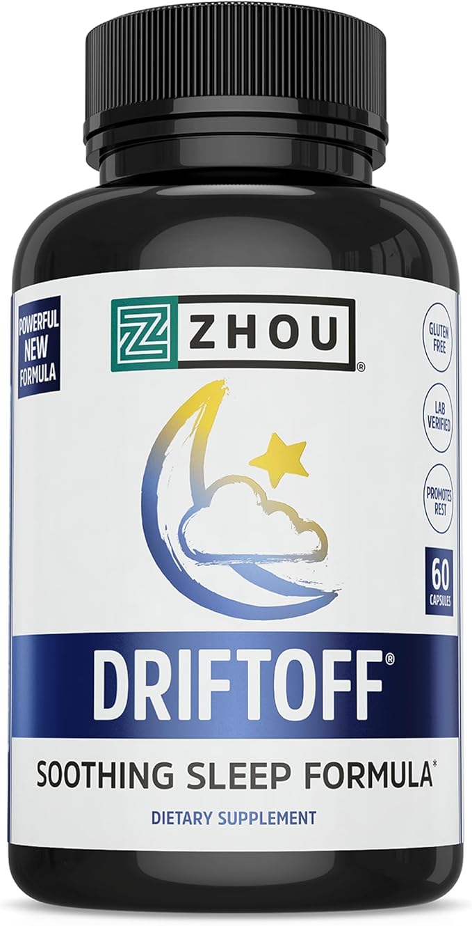 Zhou Driftoff - Nature Inspired Sleep Aid Valerian Root &amp Melatonin for Sleep for Men &amp Women Calm Sleeping Supplement for Adults with Gaba &amp Chamomile to Relax - 60 Veggie Capsules