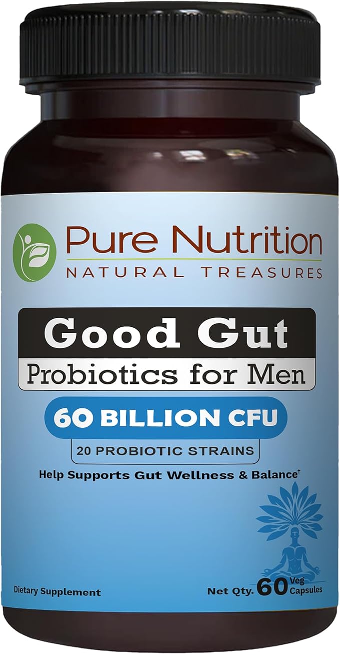 Pure Nutrition Good Gut Men's Probiotics 60 Billion CFU 20 Strains | 60 Caps | Probiotics for Men with Organic Prebiotic Blend | Once Daily | Non GMO | Gluten Free