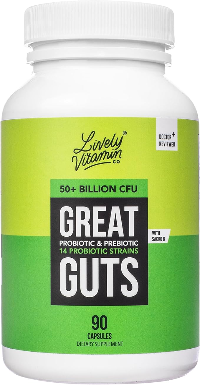LIVELY VITAMIN CO. Great Guts Probiotic 50 Billion CFU Probiotic - Balance Gut Microbiome GI Tract Inflammation Indigestion Reflux Upset Stomach &amp Diarrhea - 90 Caps