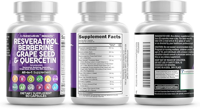 Clean Nutraceuticals Resveratrol Berberine Grape Seed Extract Quercetin Green Tea Extract Polyphenol Supplement for Women &amp Men N-Acetyl Cysteine Acai - 2Pack