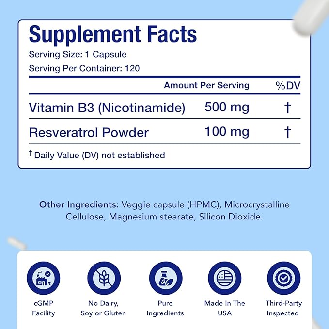 Resveratrol with Vitamin B3 Nicotinamide 500mg | NAD+ Precursor and Longevity Complex with Nicotinamide Form of Vitamin B3 Niacin Flush Free for Aging Skin Energy &amp Cellular Support (120 Day Suppl