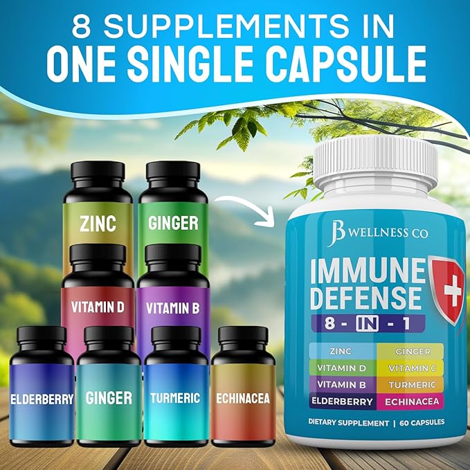 Immune Support 8 in 1 Capsules - Zinc Supplement Vitamin D3 Vitamin C and Elderberry - Immune Booster Supplement with Echinacea Ginger Root and Turmeric - [3-Pack 180 Count]