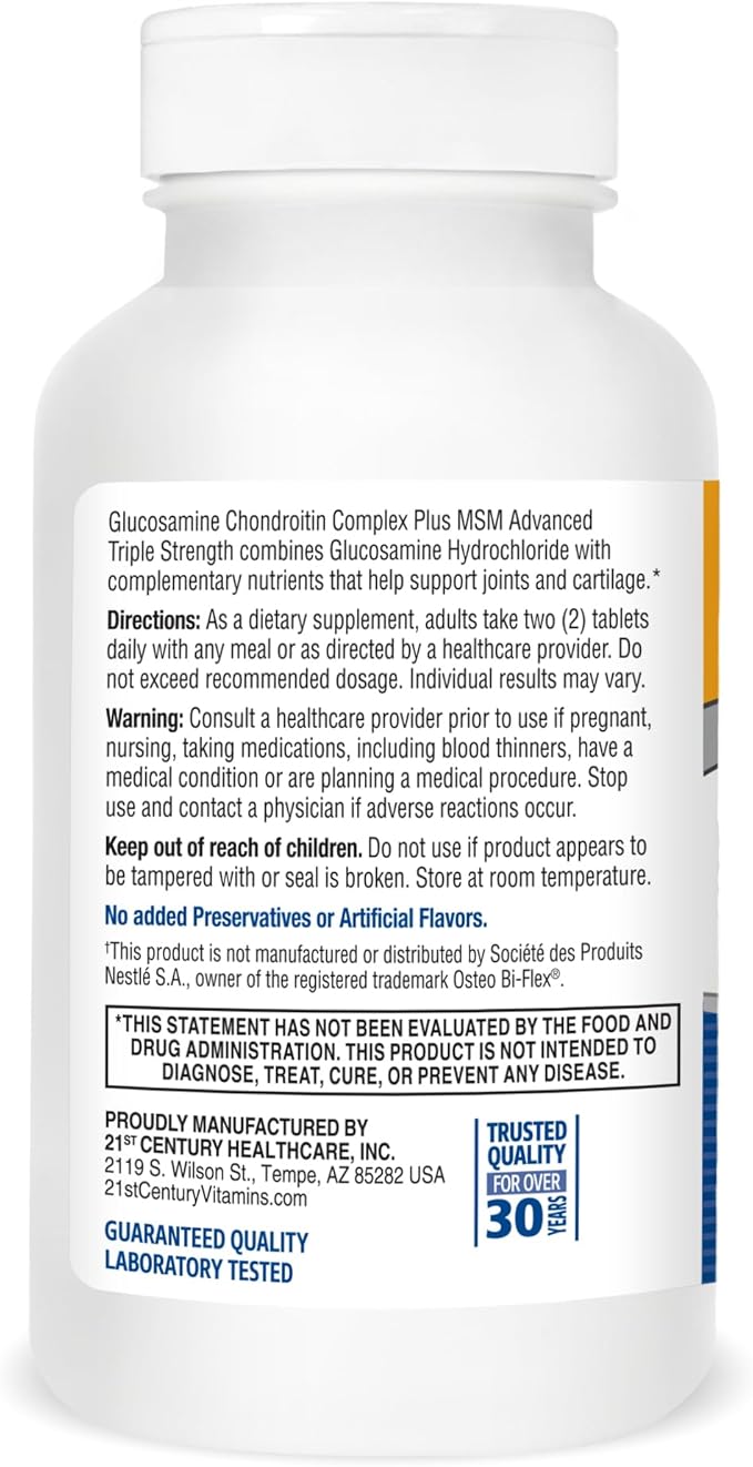 21st Century Glucosamine Chondroitin Complex Plus MSM Advanced Triple Strength 120 Coated Tablets