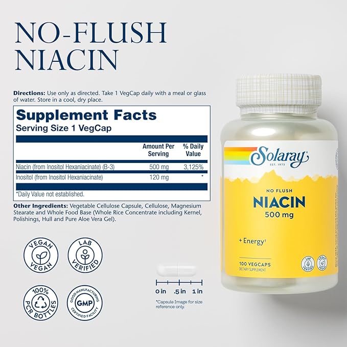 SOLARAY No Flush Niacin 500mg Flush-Free Vitamin B3 Niacin Energy and Circulatory System Support Vegan Lab Verified 60-Day Money-Back Guarantee 100 Servings 100 VegCaps