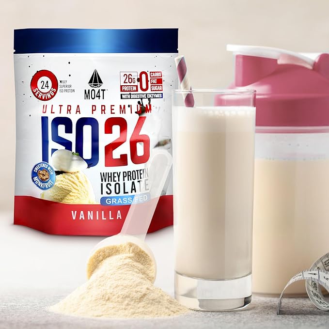 ISO26 Grass Fed Whey Protein Isolate with no Artificial sweeteners. Naturally Sweetened with Monk Fruit 1.6 Pounds 24 Servings Milk Chocolate (Iso 26 Pouch Vanilla)
