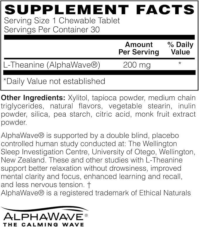 L-Theanine 200 mg Chewable Tablet – AlphaWave® - Lemonade Flavor – Vegan Non-GMO Gluten-Free Supplement for Calm Focus and Brain Function