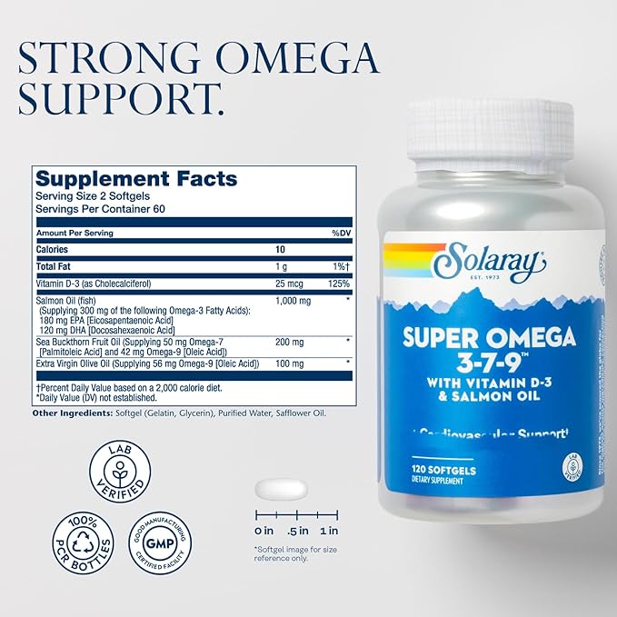 SOLARAY Super Omega 3 7 9 and Magnesium Glycinate Bundle - Essential Fatty Acids and Chelated Magnesium Gisglycinate for Healthy Heart Bones and Relaxation Support - 120 Softgels 275 VegCaps