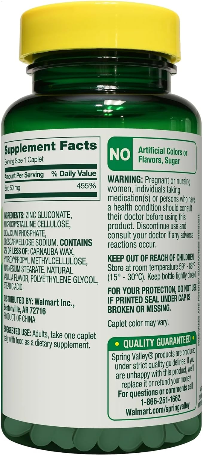 Spring Valley Zinc Dietary Supplement Caplets for Immune Health 50 mg 200 Count