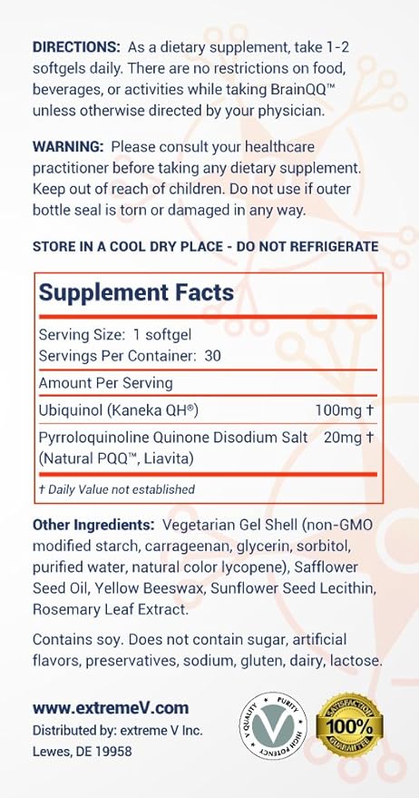 BrainQQ Get Smart! Enhanced HIGH Absorption Nootropic Brain Formula-Concentration Focus Clarity &amp Memory Peak Performance. 100mg of Ubiquinol (QH) Plus Natural PQQ 20mg