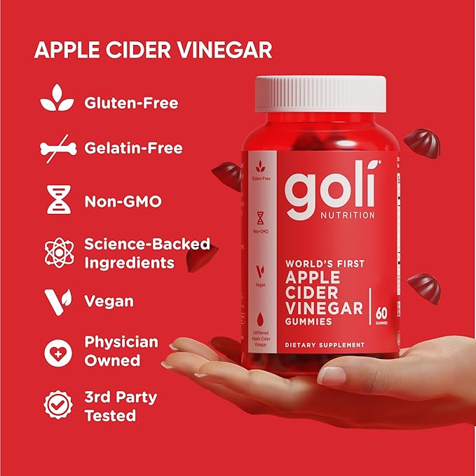 Goli Apple Cider Vinegar Gummies - Worlds First ACV Gummy with Vitamin B12 Beetroot &amp Pomegranate - Vegan Non-GMO Gluten-Free 180 Count (3 Pack)