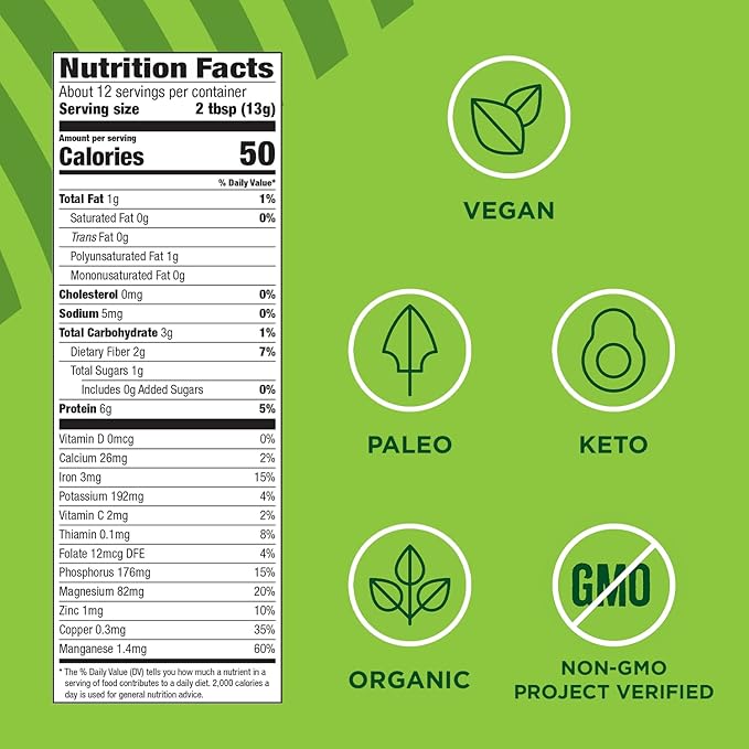 Manitoba Harvest Organic Hemp &amp Matcha Powder 5.5 oz Energy 6g of Protein 2g of Fiber per serving Matcha Protein Powder Vegan Non-GMO Project Verified 56g of Caffeine Packaging May Vary