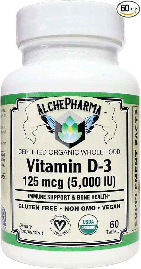 Vitamin D3 (5000 IU - 125 mcg) Certified Organic Chemically-Identical to cholecalciferol of Animal-Origin - Vegan Kosher Halal (60 Tablets)