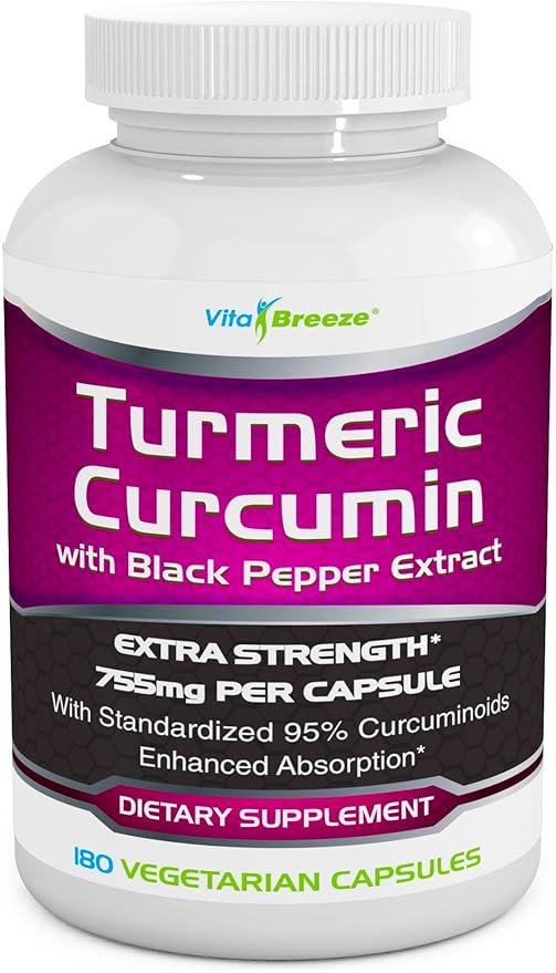 Turmeric Curcumin Complex with Black Pepper Extract - 755mg per Capsule 180 Veg. Caps - Contains Piperine (for Superior Absorption and Tumeric Bio-Availability) and 95% Standardized Curcuminoids