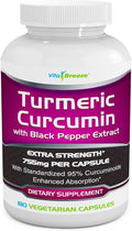 Turmeric Curcumin Complex with Black Pepper Extract - 755mg per Capsule 180 Veg. Caps - Contains Piperine (for Superior Absorption and Tumeric Bio-Availability) and 95% Standardized Curcuminoids