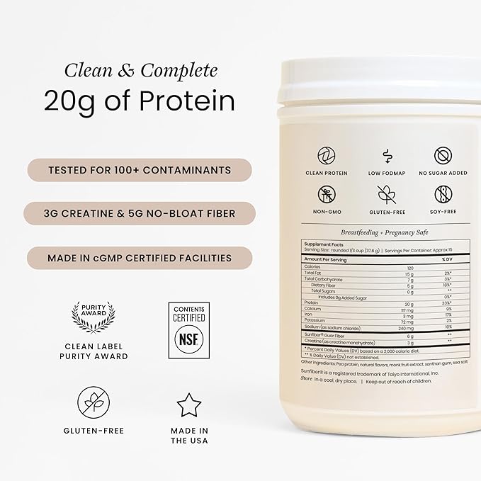 Perelel Triple-Support Plant Based Protein Powder Creamy Vanilla 20g Vegan Protein Powder 3g Creatine Monohydrate &amp 5g Prebiotic Fiber per Serving Dairy Free No Sugar Added 15 Day Supply