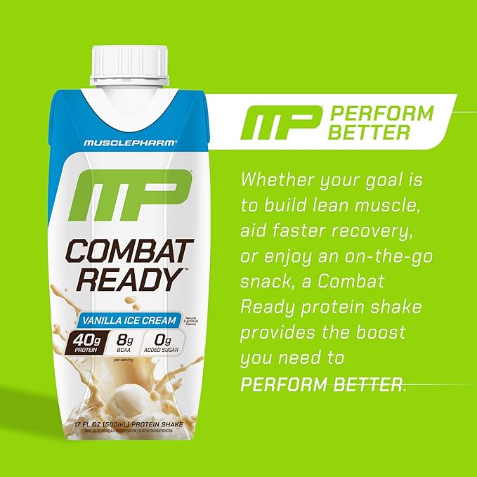 MusclePharm Combat Ready High Protein Shakes Ready to Drink 40g Protein 8g BCAAs 8.7g Glutamine 5g Fiber No Added Sugar Gluten Free Vanilla Ice Cream 17 Fl Oz (Pack of 12)