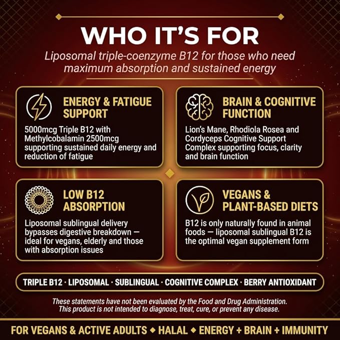Liposomal B12 Triple Active Complex 5000mcg Liquid Drops Methylcobalamin B12 with Folate Liposomal Liquid Formula Easy Daily Use