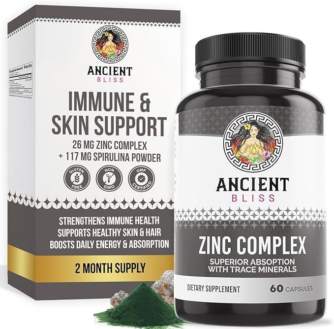 Zinc Complex Capsules with Enhanced Absorption Antioxidant &amp Immune Support Supplement Zinc Supplement for Men &amp Women by Ancient Bliss (60 Capsules)