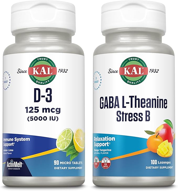 KAL Vitamin D-3 5000 IU ActivMelt and GABA L-Theanine Stress B Lozenge Bundle - 90 Instant Dissolve Natural Lemon Lime Flavor Micro Tablets and 100 Natural Mango Tangerine Flavor Lozenges