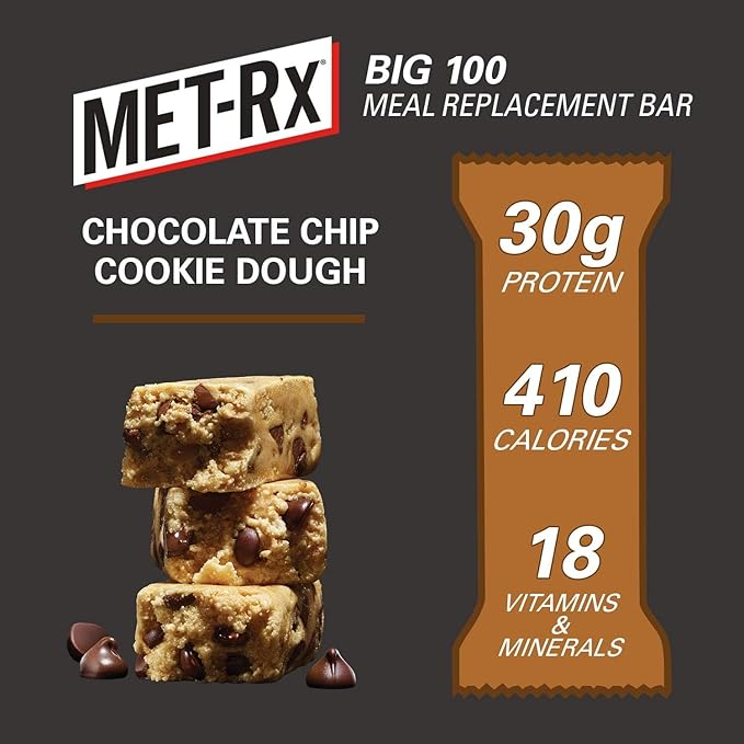 MET-Rx Big 100 Colossal Protein Bars Chocolate Chip Cookie Dough Meal Replacement Bars 9 Count (Pack of 1)