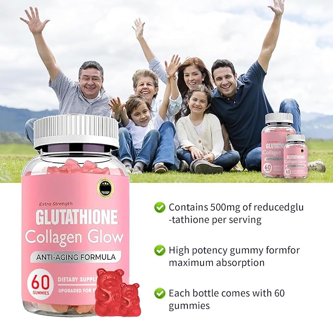Collagen Peptides Gummies Glutathione Collagen Glow Gummies Korean Collagen Gummies to Rejuvenate Your Skin Support HairNail Health (2PCS)