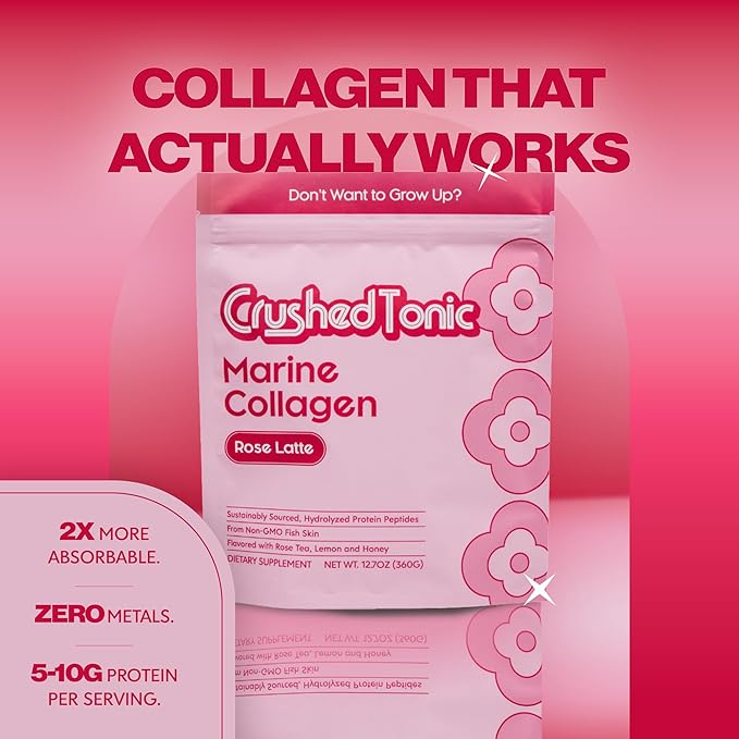 Crushed Tonic Marine Collagen Powder Korean Beauty Drink with Hydrolyzed Collagen Peptides for Skin Hair &amp Nails | Gluten-Free Halal &amp Kosher (Rose Latte 30 Servings (150 g) Pouch)