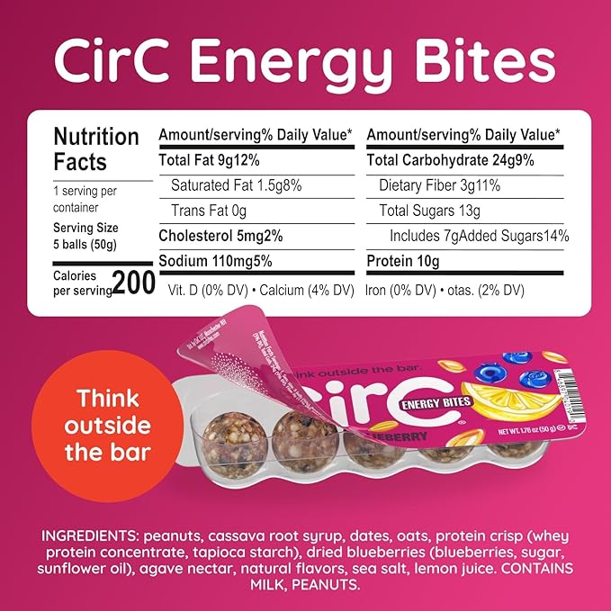 CirC Energy Bites - 12 Pack Lemon Blueberry Gluten Free Protein Balls - 10g Protein Whole Grains Nuts &amp Fruit - Portable Healthy Snacks for Adults &amp Kids 5 Piece Resealable Packs