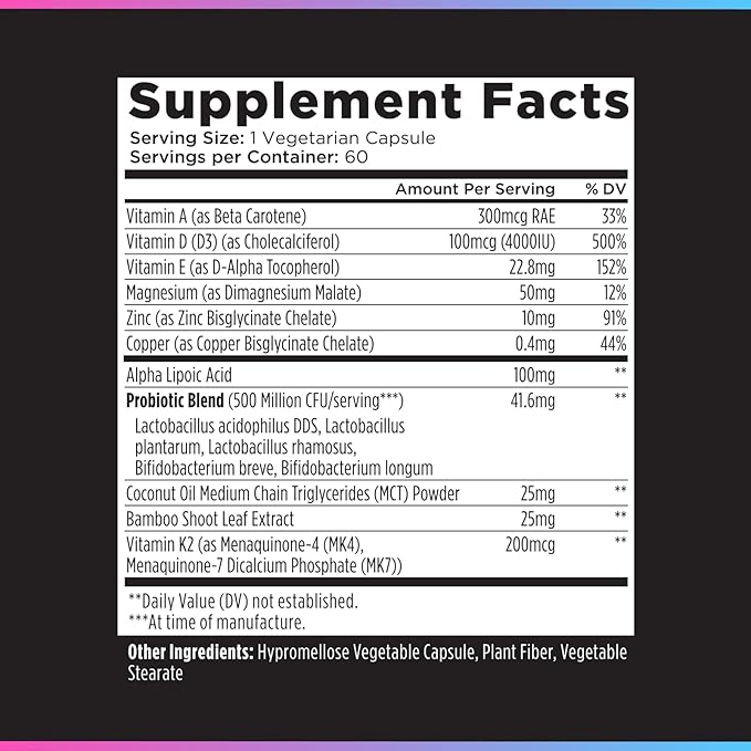 Livingood Daily Vitamin D3 K2 4000 IU Supplement 9-in-1 Dietary Supplement for Immune Support - Made with Vitamins D A E K2 Zinc Magnesium &amp Probiotic Blend for Maximum Absorption - 60 Capsu